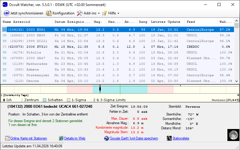 Asteroid (104132) 2000 EO61 in OccultWatcher - Screenshot