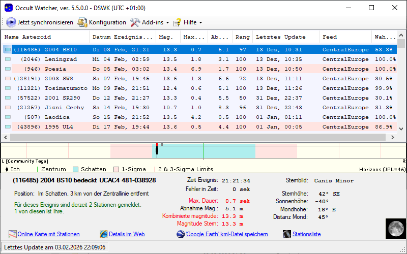 Asteroid (116485) 2004 BS10 in OccultWatcher - Screenshot