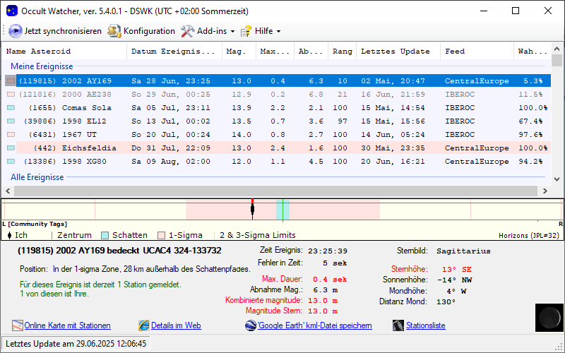 Asteroid (119815) 2002 AY169 in OccultWatcher - Screenshot