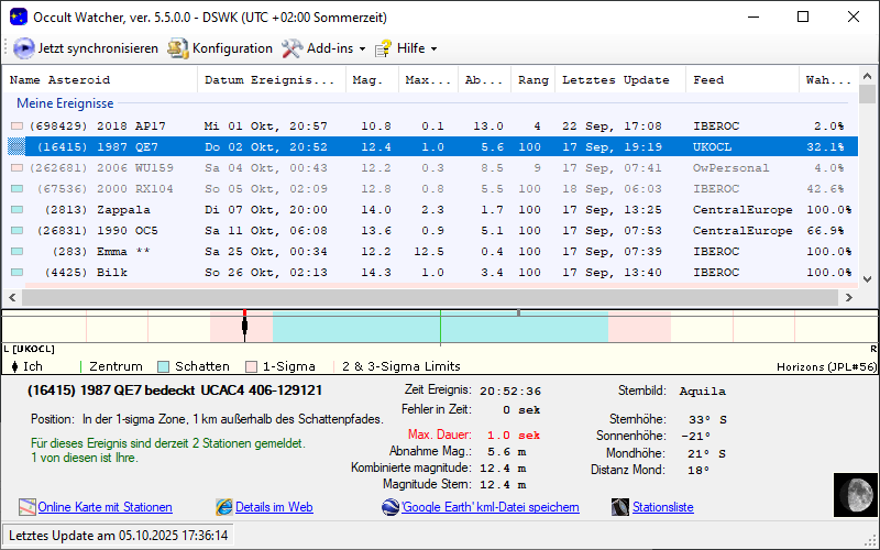 Asteroid (16415) 1987 QE7 in OccultWatcher - Screenshot