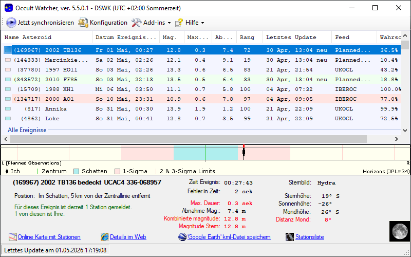 Asteroid (169967) 2002 TB136 in OccultWatcher - Screenshot