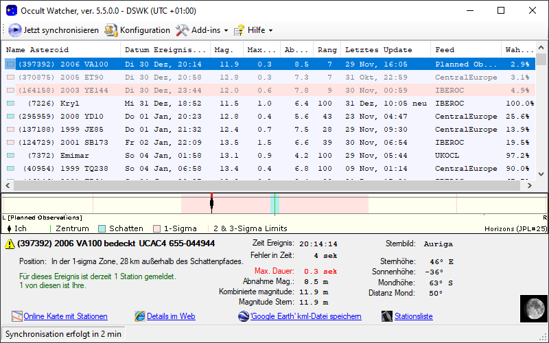 Asteroid (397392) 2006 VA100 in OccultWatcher - Screenshot