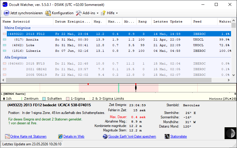 Asteroid (449322) 2013 FD12 in OccultWatcher - Screenshot