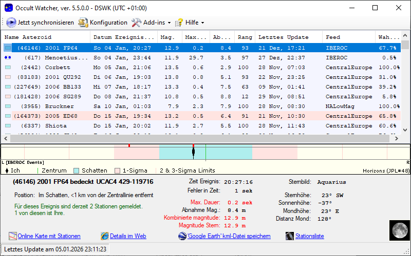 Asteroid (46146) 2001 FP64 in OccultWatcher - Screenshot