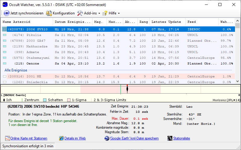 Asteroid (620873) 2006 SV310 in OccultWatcher - Screenshot