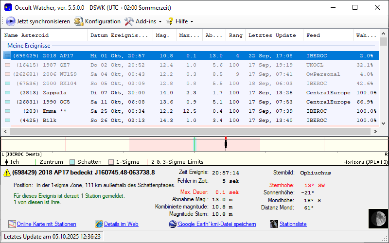 Asteroid (698429) 2018 AP17 in OccultWatcher - Screenshot
