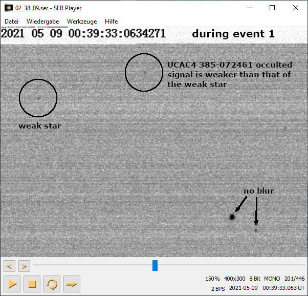 Einzelbild während Occultation (799) Gudula