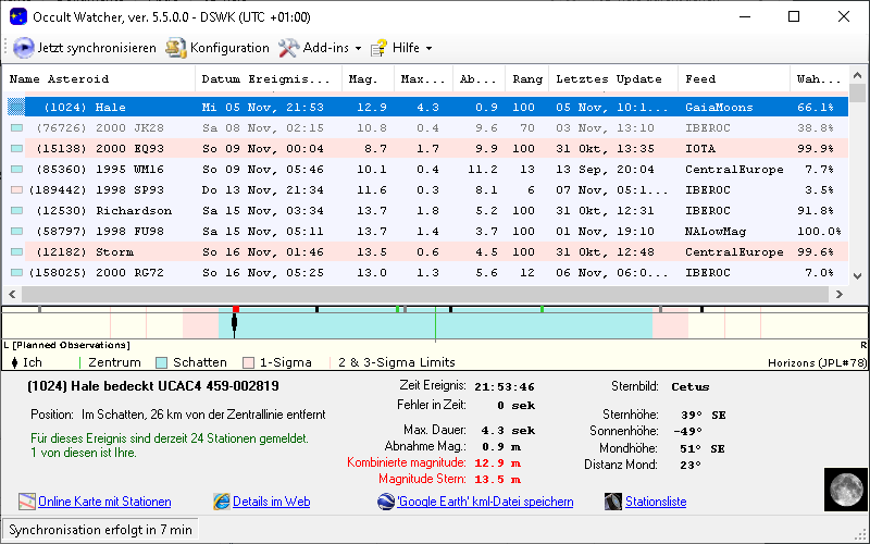 Asteroid (1024) Hale in OccultWatcher - Screenshot