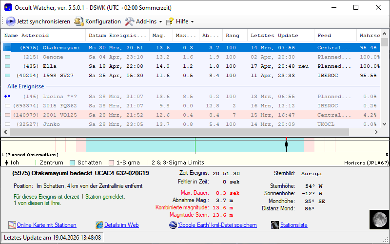 Asteroid (5975) Otakemayumi in OccultWatcher - Screenshot