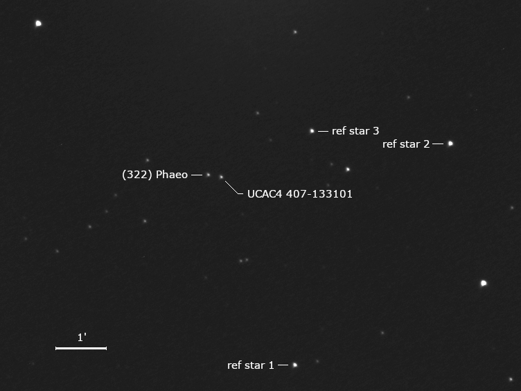 Asteroid, zu bedeckender Stern UCAC4 407-133101 und Umgebungssterne
