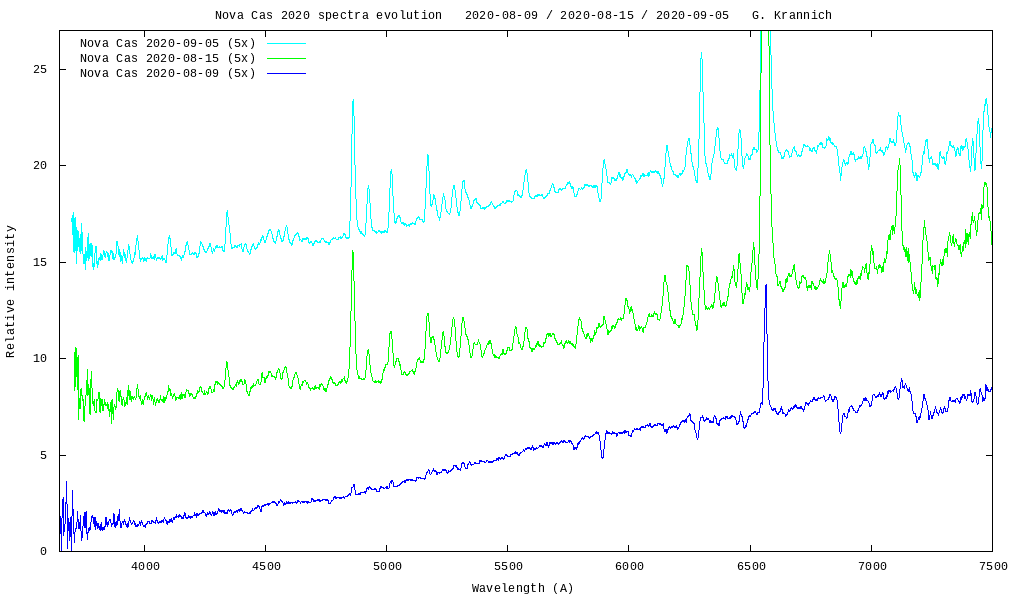 Nova Cas 2020 spectra evolution